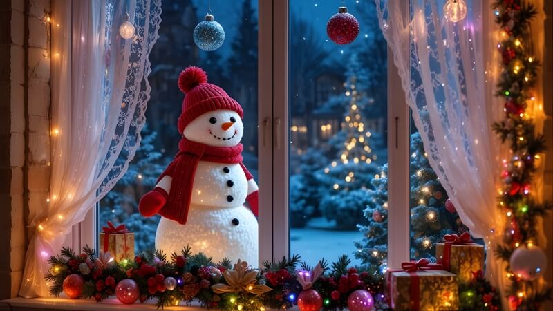 Hình Giáng sinh phong cảnh tuyết ngôi nhà ven rừng phủ tuyết, ánh đèn vàng hắt ra từ cửa sổ