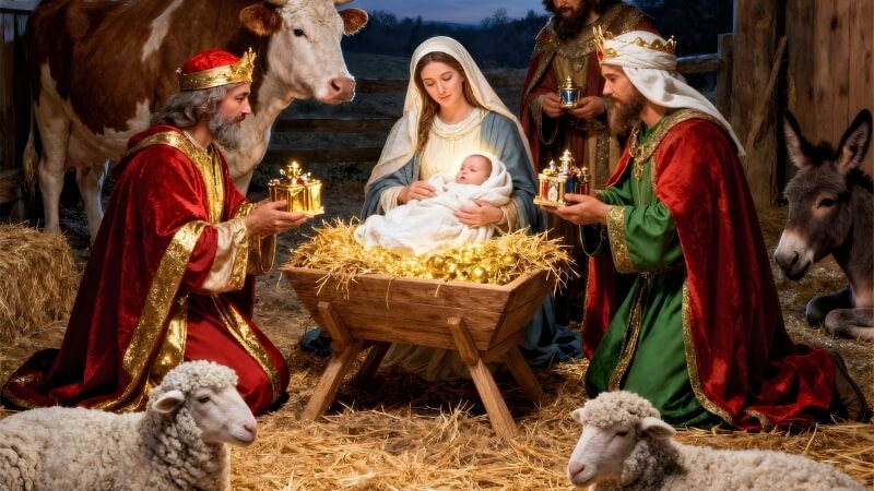 Hình ảnh Giáng sinh Công giáo bố cục tĩnh lặng, ánh nến và biểu tượng Kitô giáo nổi bật rõ ràng