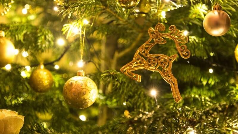 Hình nền Giáng sinh cho máy tính chi tiết cây thông và quà đặt gọn, tạo cảm giác lễ hội vừa phải