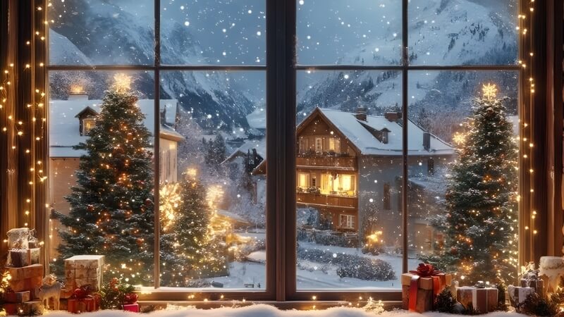 Hình Giáng sinh phong cảnh tuyết khung cảnh đồng cỏ phủ trắng và cây thông đứng im giữa trời đông