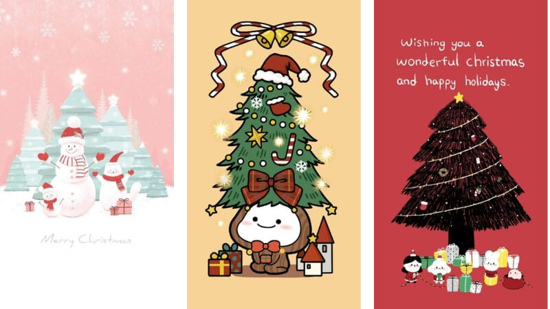 Hình nền Giáng sinh cho điện thoại tông màu ấm, chi tiết cây thông nhỏ gọn ở góc màn hình