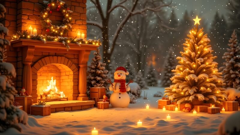 Hình Giáng sinh phong cảnh tuyết cảnh rừng phủ sương và tuyết rơi nhẹ tạo không khí cổ tích