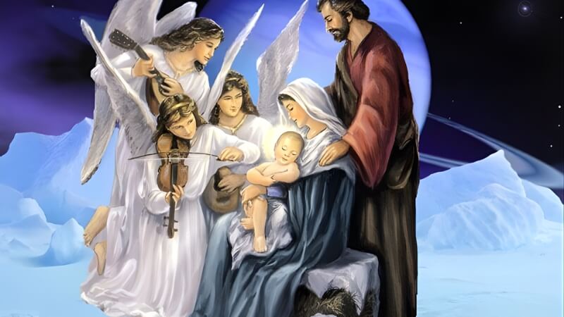 Hình ảnh Giáng sinh Công giáo khung cảnh nhà thờ với hang đá và ánh đèn tạo không khí trang nghiêm