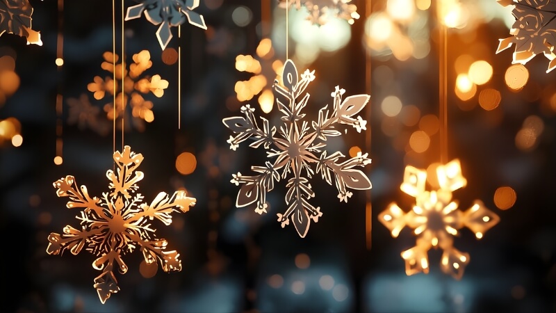 Hình ảnh Giáng sinh mang không khí ấm áp với ánh đèn vàng và không gian yên bình