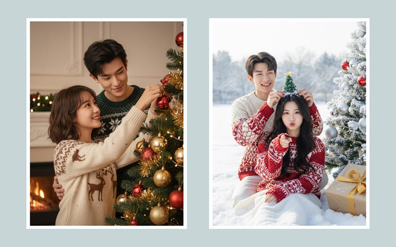 Cặp bạn thân tạo dáng bên cây thông Noel