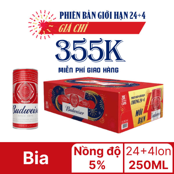 Thùng 24 + 4 lon bia Budweiser 250ml (phiên bản giới hạn)