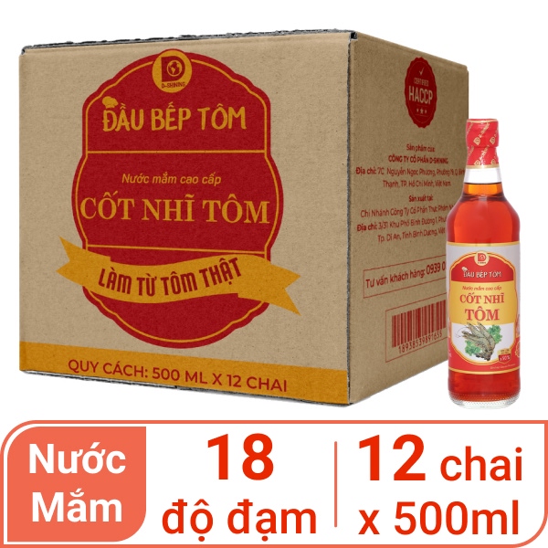 Thùng 12 chai nước mắm cốt nhĩ tôm Đầu Bếp Tôm 500ml