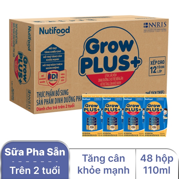 Thùng 48 hộp sữa NutiFood Grow Plus+ Xanh 110ml