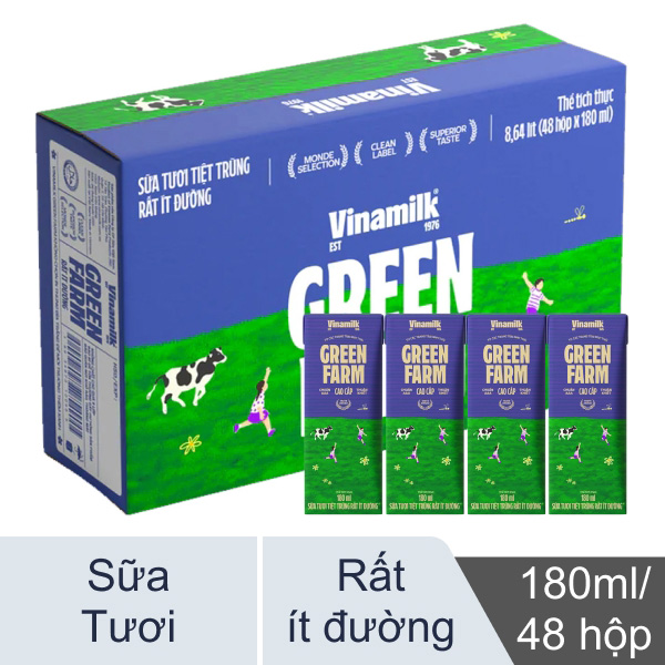 Thùng 48 hộp sữa tươi Vinamilk Green Farm rất ít đường 180ml