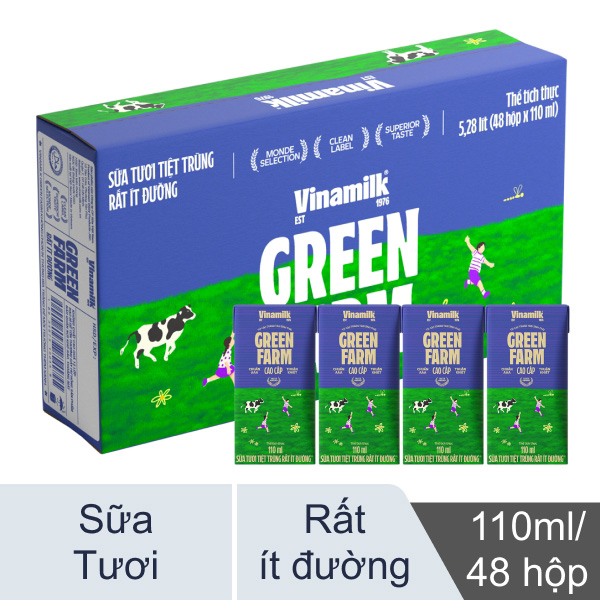 Thùng 48 hộp sữa tươi Vinamilk Green Farm rất ít đường 110ml