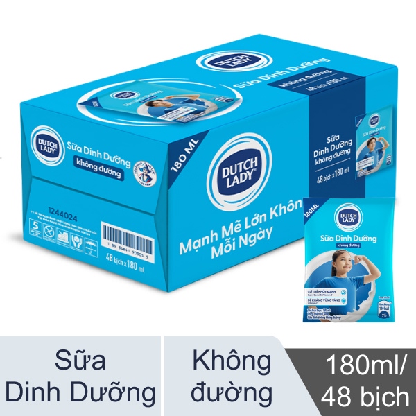 Thùng 48 bịch sữa tiệt trùng Dutch Lady không đường 180ml