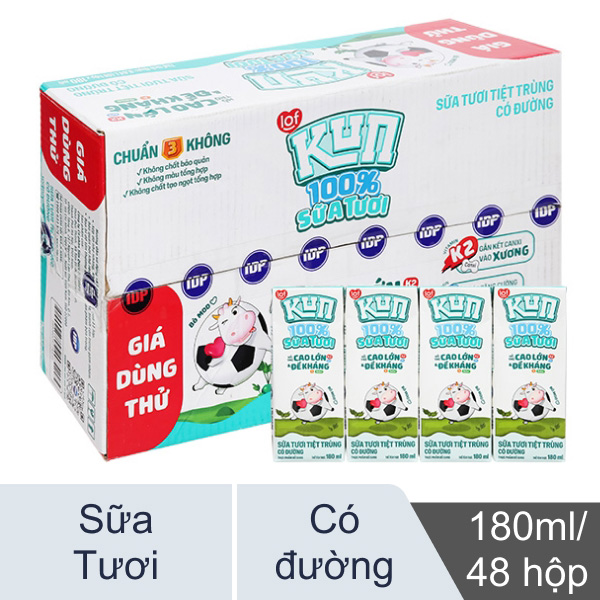 Thùng 48 hộp sữa tươi Kun 100% Sữa tươi 180ml