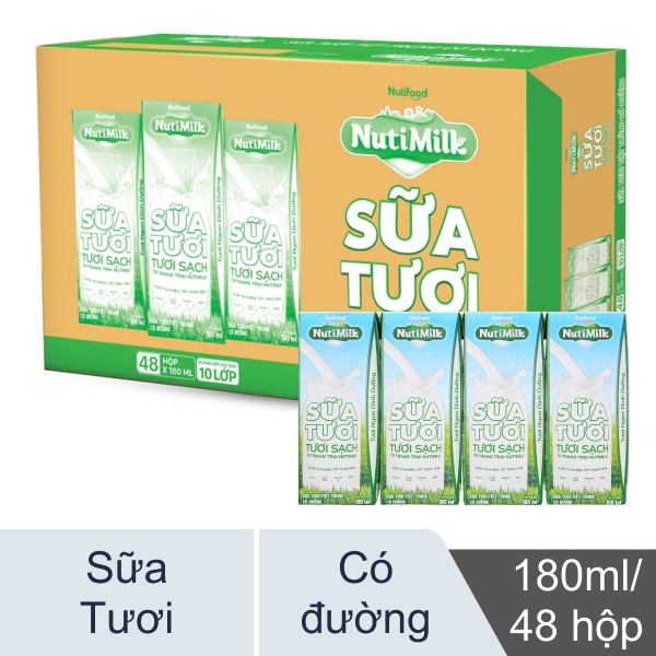 Thùng 48 hộp sữa tươi Nutimilk tươi sạch có đường 180ml
