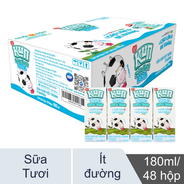 Thùng 48 hộp sữa tươi Kun 100% ít đường 180ml