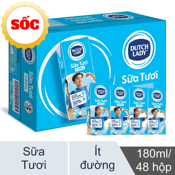 Thùng 48 hộp sữa tươi Dutch Lady ít đường 180ml