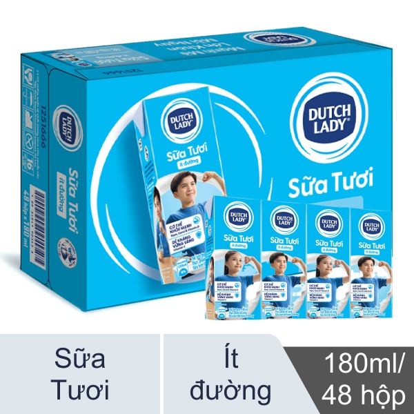 Thùng 48 hộp sữa tươi Dutch Lady ít đường 180ml