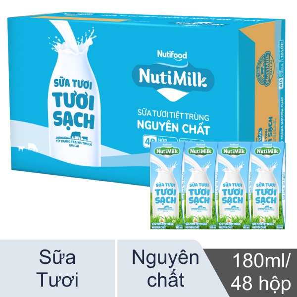 Thùng 48 hộp sữa tươi Nutimilk nguyên chất 180ml