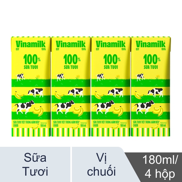 Lốc 4 hộp sữa tươi Vinamilk chuối 180ml