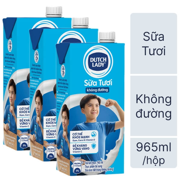 3 hộp sữa tươi không đường Dutch Lady hộp 965ml