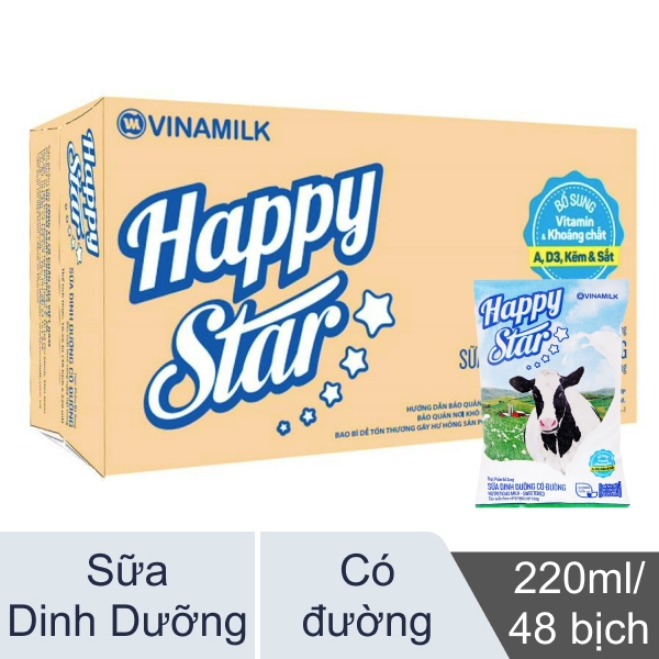Thùng 48 bịch sữa dinh dưỡng có đường Vinamilk Happy Star 220ml