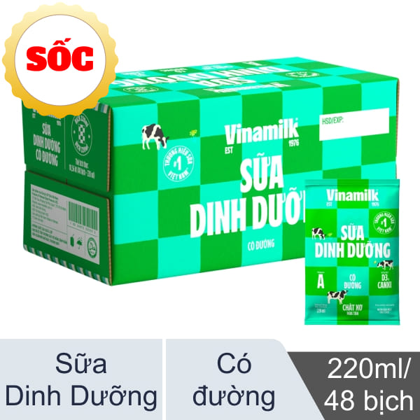 Thùng 48 bịch sữa Vinamilk có đường 220ml
