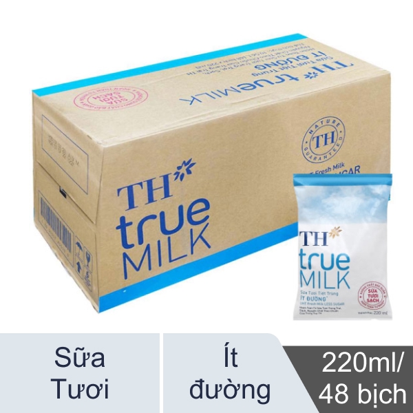 Thùng 48 bịch sữa tươi ít đường TH true MILK 220ml