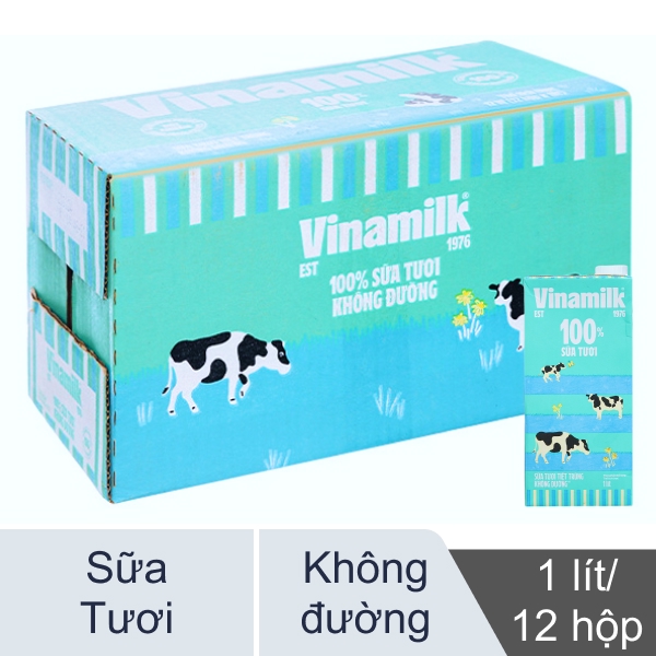 Thùng 12 hộp sữa tươi Vinamilk 100% không đường 1 lít