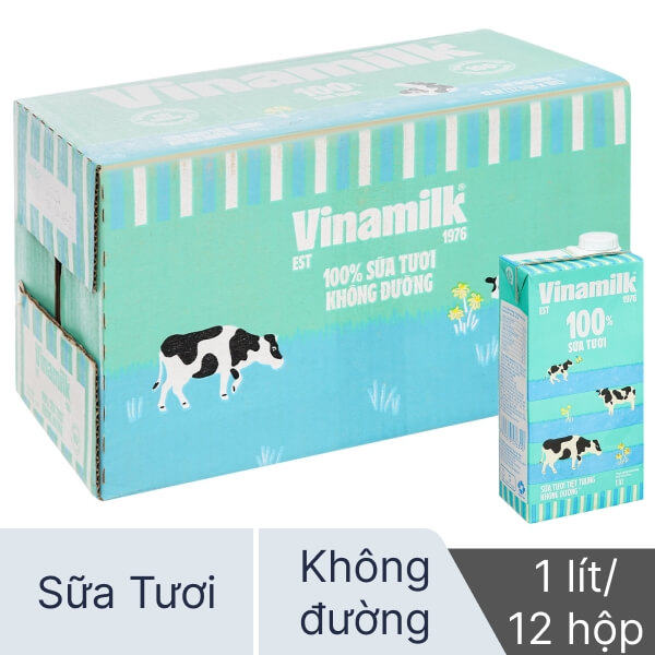 Thùng 12 hộp sữa tươi Vinamilk 100% không đường 1 lít