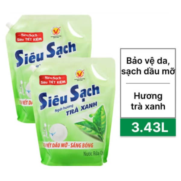 2 túi nước rửa chén Lix trà xanh 3.43 lít