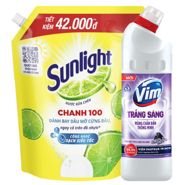 Nước rửa chén Sunlight chanh 2.9l và tẩy nhà tắm VIM lavender 870ml