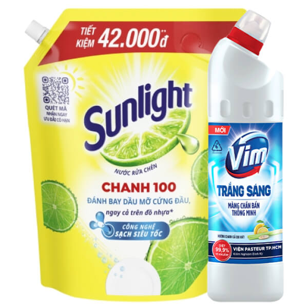 Nước rửa chén Sunlight chanh 2.9l và tẩy nhà tắm VIM chanh sả 870ml