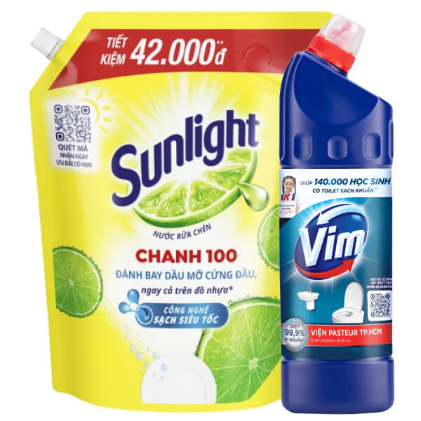 Nước rửa chén Sunlight chanh 2.9l và tẩy nhà tắm VIM diệt khuẩn 880ml