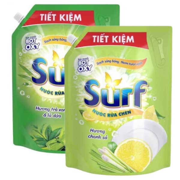 2 túi nước rửa chén Surf trà xanh lá dứa và chanh sả 3.38 lít