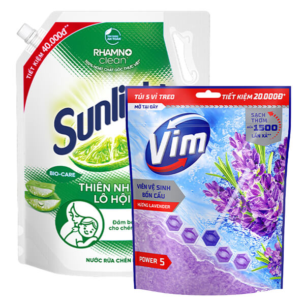 Nước rửa chén Sunlight lô hội 3.1l & 5 vỉ treo bồn cầu VIM oải hương