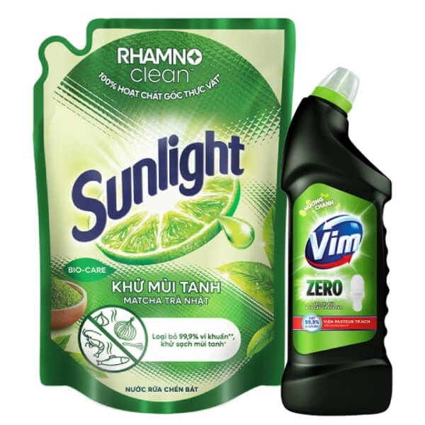 Nước rửa chén Sunlight matcha 1.9l và tẩy bồn cầu VIM Zero chanh 750ml