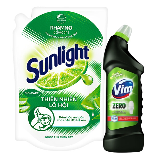 Nước rửa chén Sunlight lô hội 1.9l và tẩy bồn cầu VIM Zero chanh 750ml
