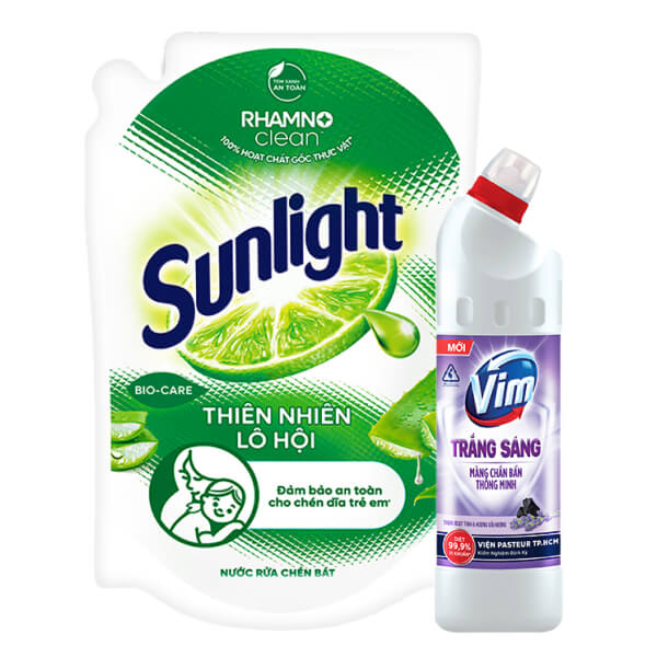 Nước rửa chén Sunlight lô hội 1.9l & gel tẩy nhà tắm VIM lavender 870ml