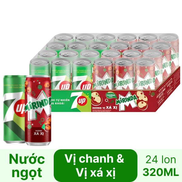 24 lon nước ngọt 7UP - Mirinda mix 320ml