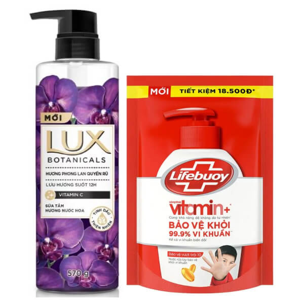 Sữa tắm Lux phong lan 562ml & nước rửa tay Lifebuoy bảo vệ da 394ml