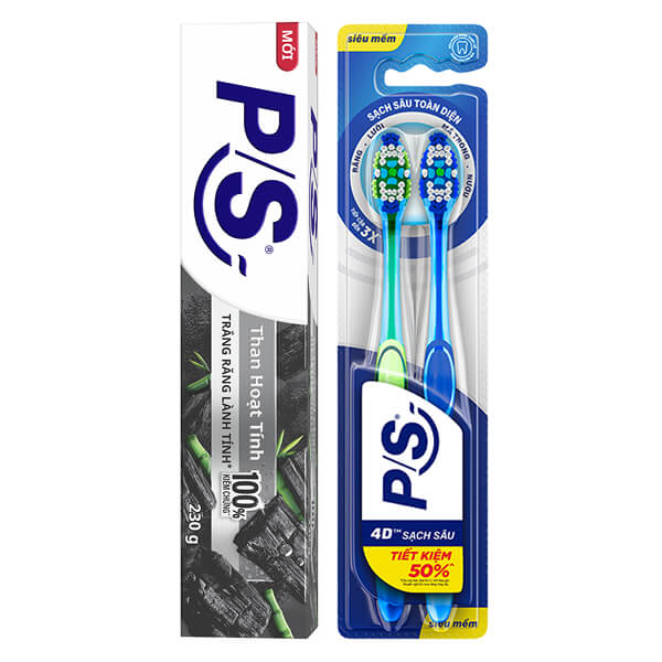 Kem đánh răng P/S than hoạt tính 230g & 2 bàn chải P/S 4D sạch sâu
