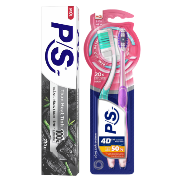 Kem đánh răng P/S than hoạt tính 230g & 2 bàn chải P/S 4D siêu mềm