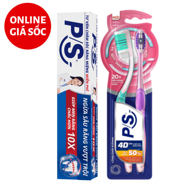 Kem đánh răng P/S ngừa sâu răng 180g & 2 bàn chải P/S 4D siêu mềm mảnh
