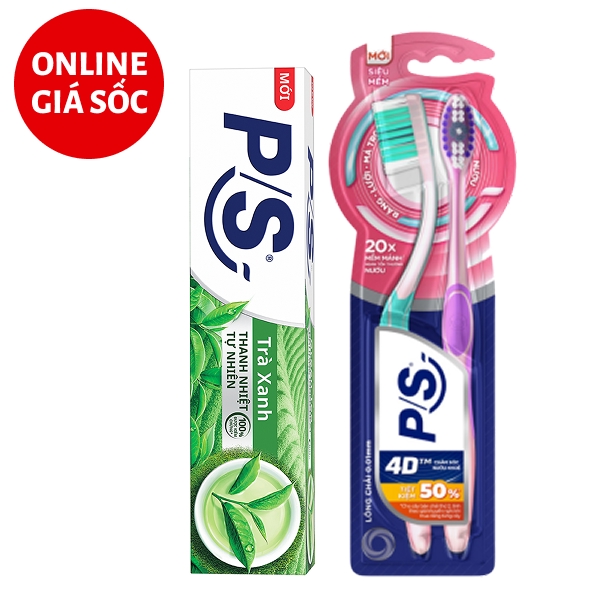 Kem đánh răng P/S trà xanh 100g & 2 bàn chải P/S 4D siêu mềm mảnh