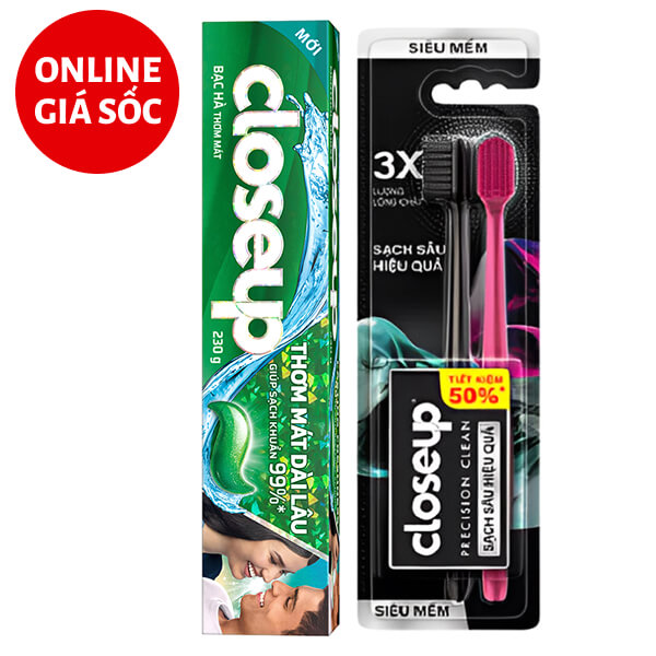 Kem đánh răng Closeup bạc hà 230g & 2 bàn chải Closeup Precision Clean siêu mềm