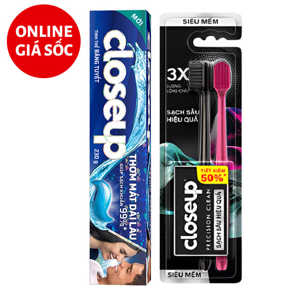 Kem đánh răng Closeup tinh thể băng tuyết 230g & 2 bàn chải Closeup Precision Clean siêu mềm