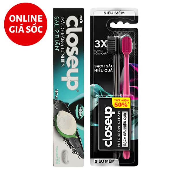 Kem đánh răng Closeup dừa trắng răng 180g & 2 bàn chải Closeup Precision Clean siêu mềm