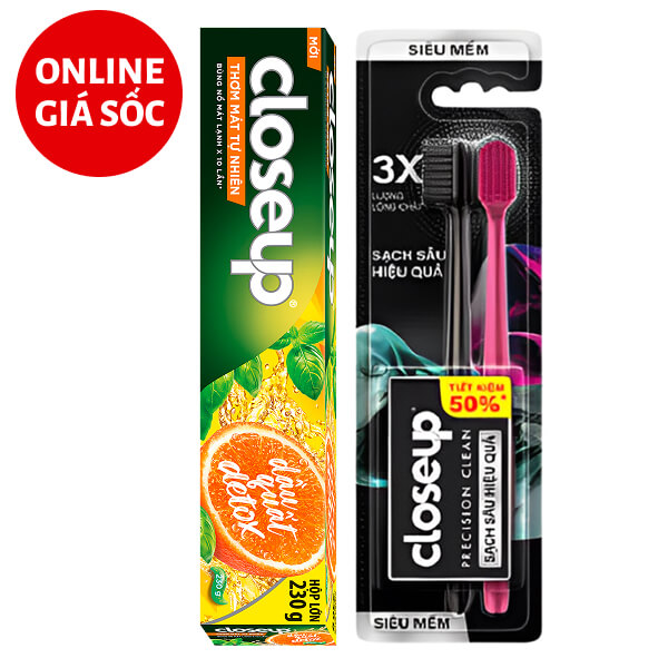 Kem đánh răng Closeup dầu quất 230g & 2 bàn chải Closeup Precision Clean siêu mềm