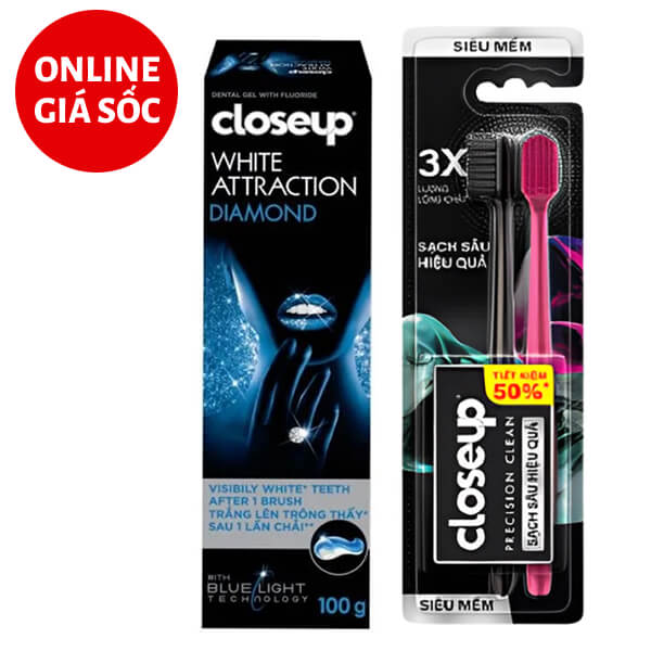 Kem đánh răng Closeup Diamond trắng răng 100g & 2 bàn chải Closeup Precision Clean siêu mềm