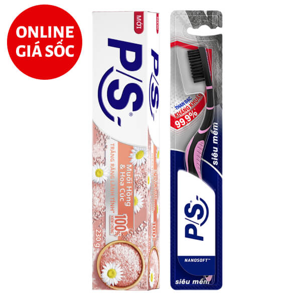 Kem đánh răng P/S muối hồng & hoa cúc 230g & bàn chải P/S than bạc kháng khuẩn