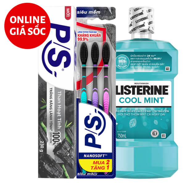 Bàn chải, kem đánh răng P/S than hoạt tính 230g và nước súc miệng Listerine 750ml